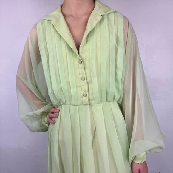 Vintage 70s Marita By Anthony Muto Sheer Balloon Sleeve Pleated Gown Green M/L - Picture 3 of 16